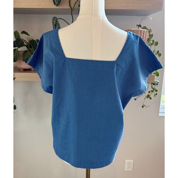 Madewell Blue Pin Striped Square Neck Cotton Top Size M Parisian Chic Capsule - Picture 2 of 8